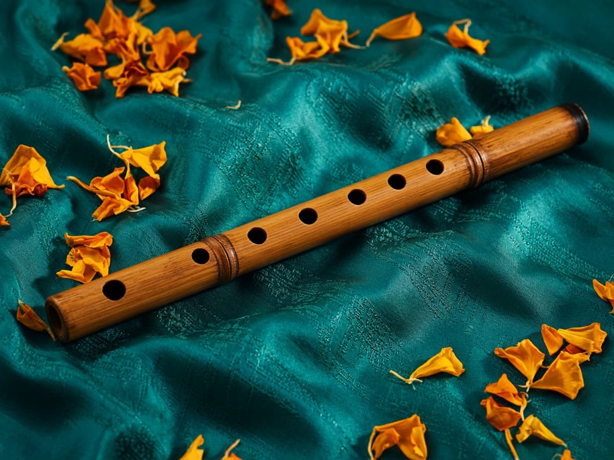 A bamboo bansuri on teal silk