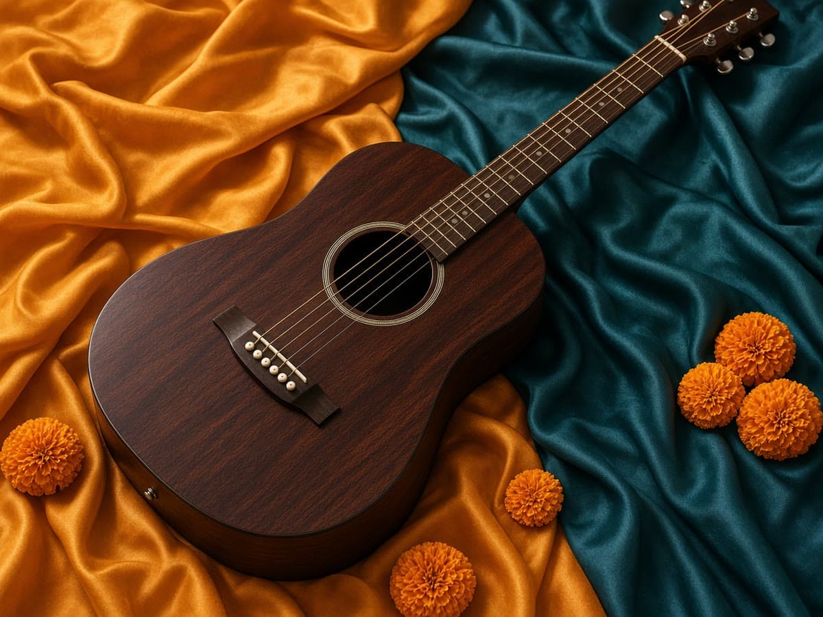 An acoustic guitar on teal and saffron silk