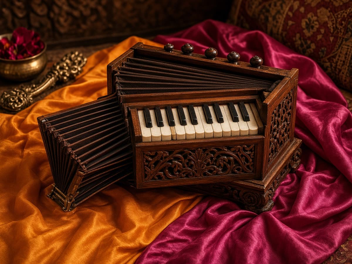 An Indian harmonium with the bellows open