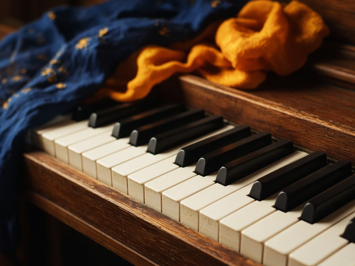 A wooden keyboard with indigo and marigold cloth